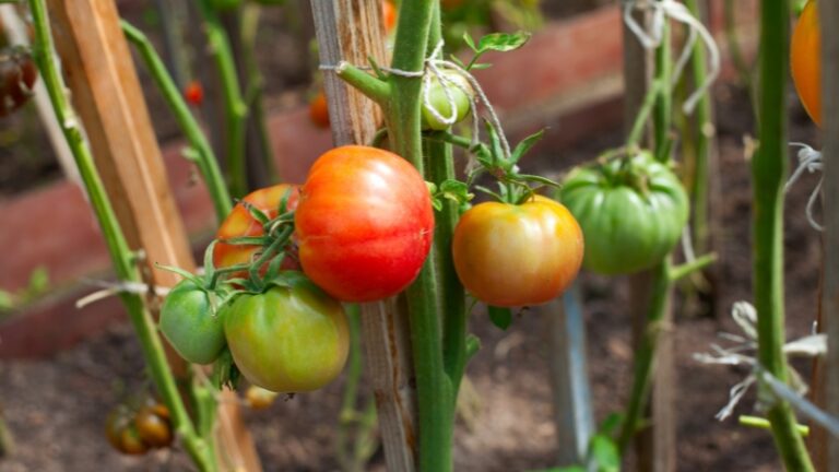 Ripe and unripe tomatoes growing on supported stems in an indoor garden, showing how to grow tomatoes successfully indoors