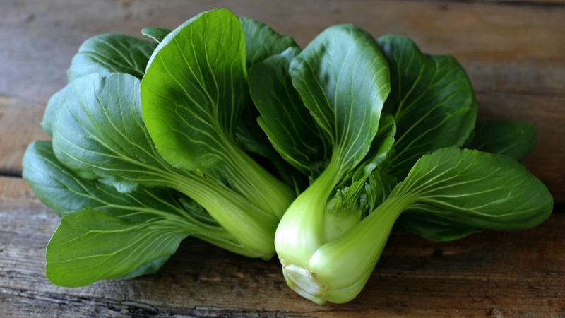 Fresh bok choy heads with crisp white stalks and dark green leaves resting on a wooden surface