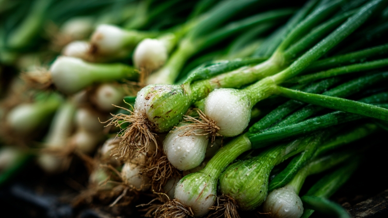 Freshly harvested green onions with bright white bulbs and crisp green tops