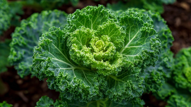 Vibrant curly kale plant growing in soil with dense green leaves and a tight center rosette