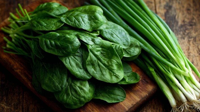 Fresh spinach leaves and green onions on a wooden board, showing examples of vegetables with shallow roots