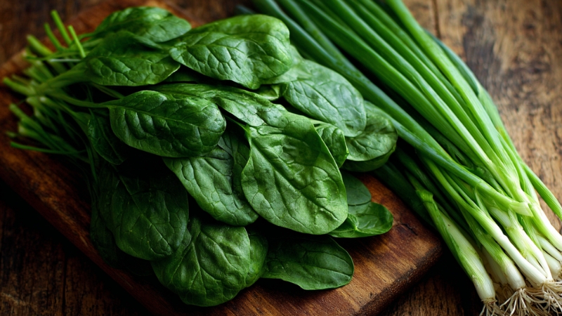 Fresh spinach leaves and green onions on a wooden board, showing examples of vegetables with shallow roots