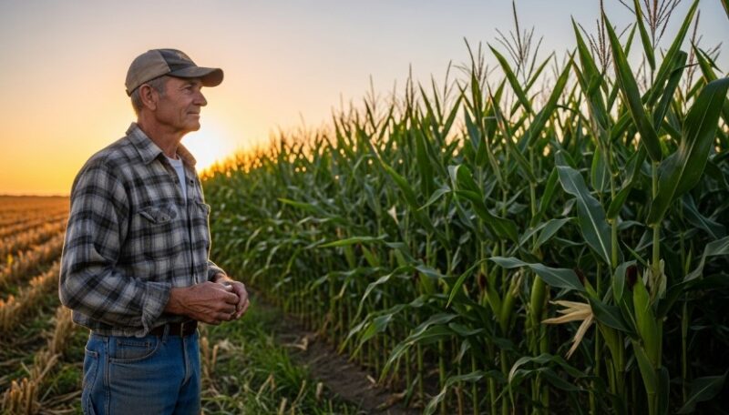 A farmer surveys his cornfield at sunset, a testament to a season's hard work