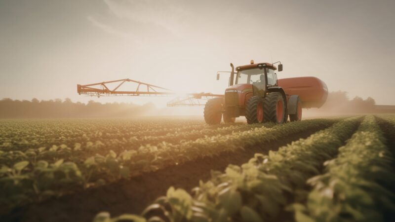 Tractor sprays a crop field during hazy morning fieldwork