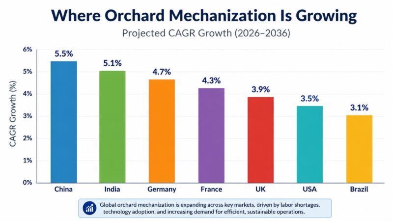 Bar chart shows projected orchard mechanization growth by country, led by China at 5.5%