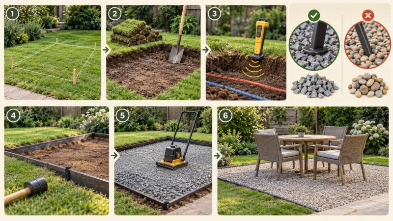 Six visual steps showing how to build a gravel patio, from marking the lawn to adding furniture.
