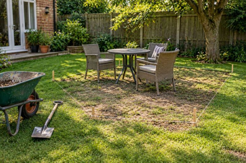 A worn section of lawn marked out for conversion into a practical garden seating area.