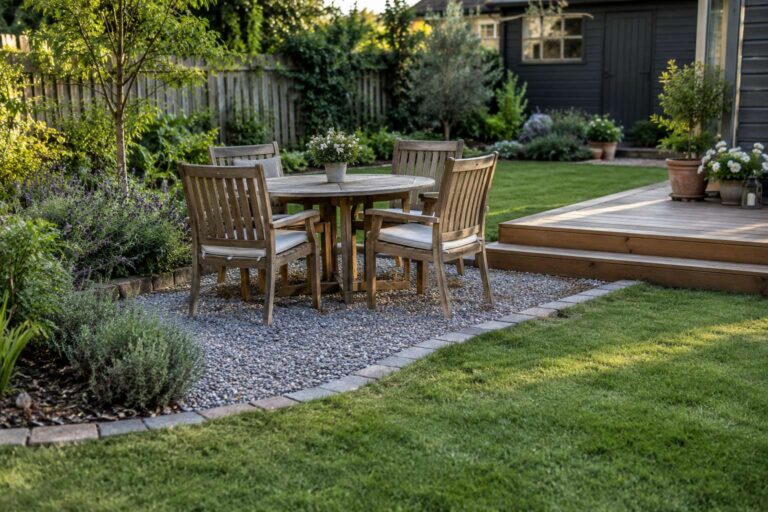 A compact gravel patio creates a comfortable outdoor dining space while preserving the surrounding lawn.
