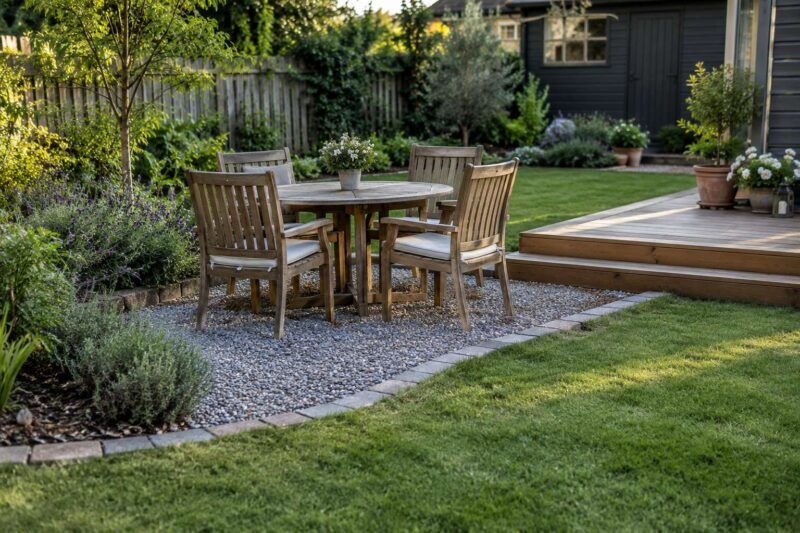 A compact gravel patio creates a comfortable outdoor dining space while preserving the surrounding lawn.