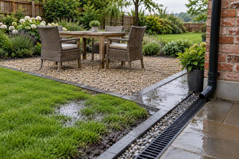 Gravel garden seating area with a drainage channel and downspout directing rainwater away from the patio.